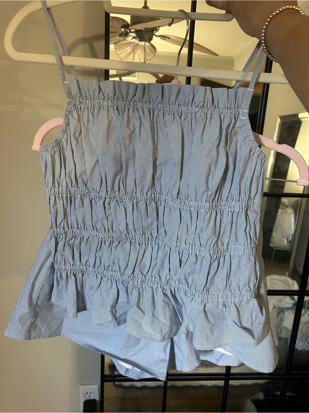 Chaser Light Blue Pinstripe Smocked Ruffle Shorts Set
